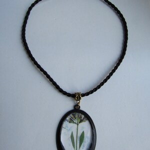 May include: A black cord necklace with a round pendant featuring a pressed sage flower inside a black frame. The pendant has the word "SAGE" written on it.
