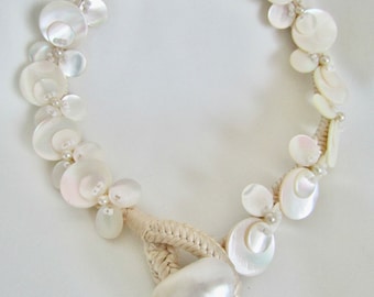 Vintage Mother of Pearl Disc and Shell on Silk Cord Necklace