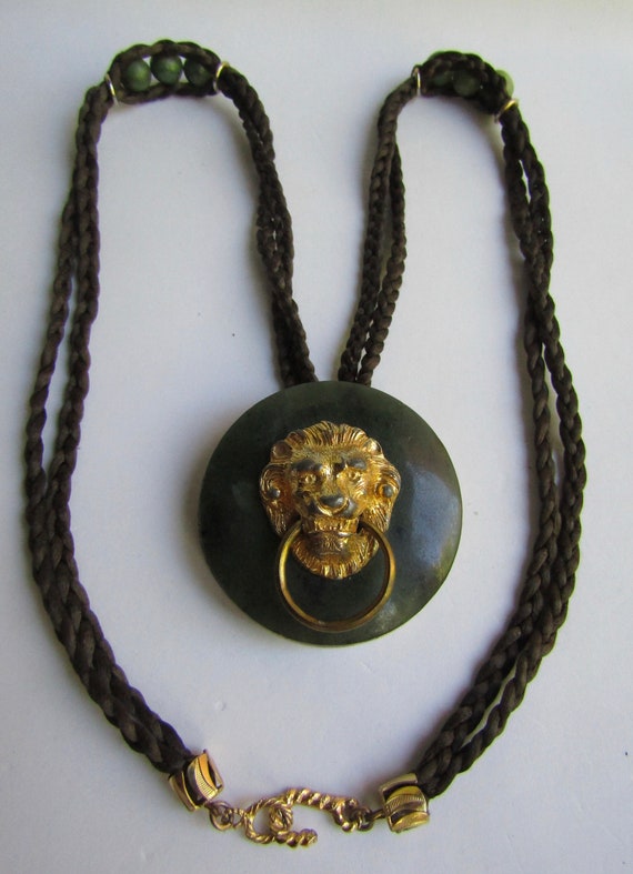 Vintage Nephrite Lion Doorknocker Pendant Brooch … - image 5