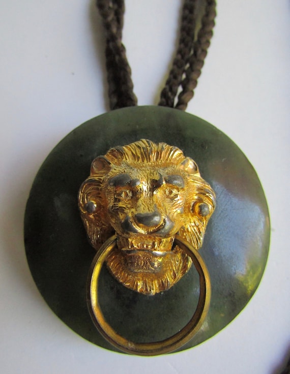Vintage Nephrite Lion Doorknocker Pendant Brooch … - image 1