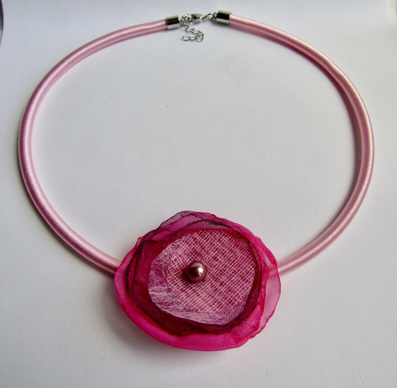 Mother/'s Day Gift LC Silk 5mm Cord necklace with Hand Made Silk Organza Pink and Purple Flower Floating Pendant Love it