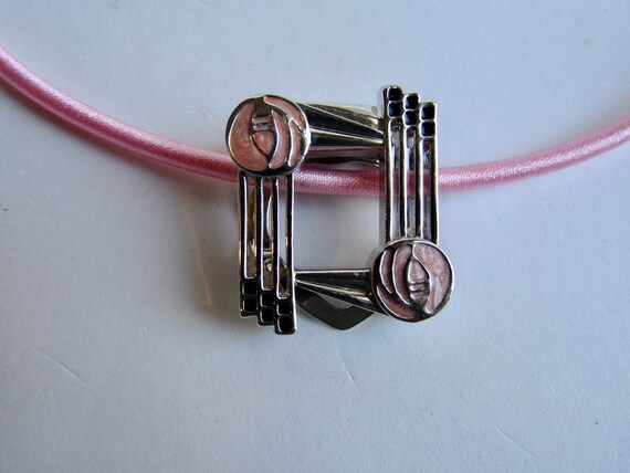 Upcycled Scarf Pin Enamel Rose Pattern In the Style of Charles Rennie Mackintosh Pendant Silk 3mm Necklace