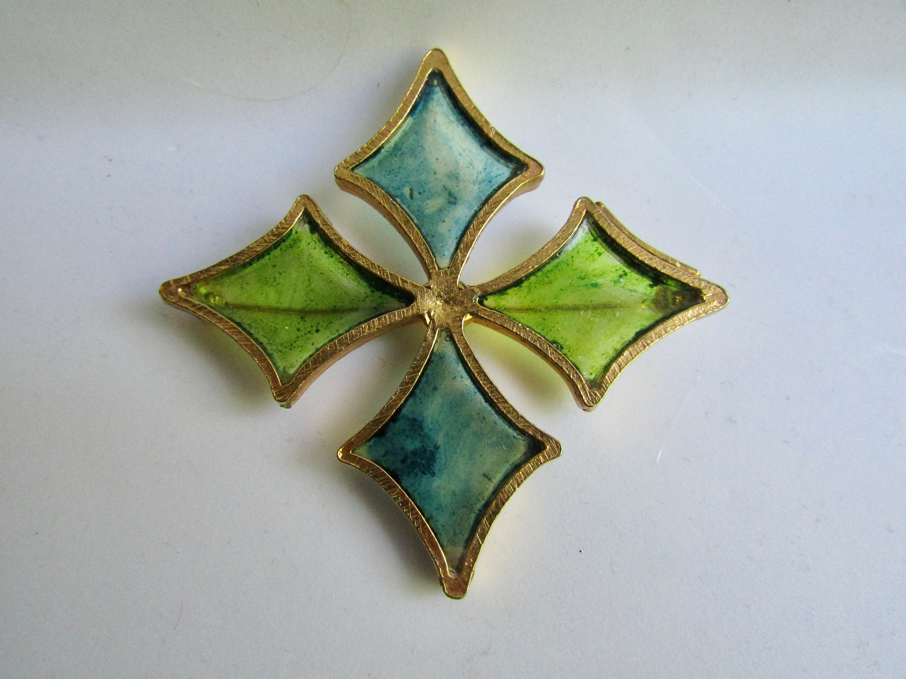 Vintage Signed Mr. WE Plique a Jour Stained Glass Resin Cross