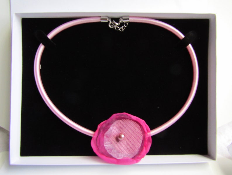 Mother/'s Day Gift LC Silk 5mm Cord necklace with Hand Made Silk Organza Pink and Purple Flower Floating Pendant Love it