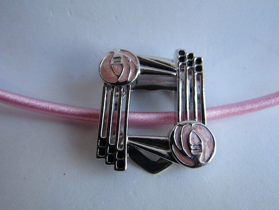Upcycled Scarf Pin Enamel Rose Pattern In the Style of Charles Rennie Mackintosh Pendant Silk 3mm Necklace View 2