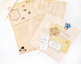 May include: A collection of parchment-style paper items, including envelopes, letters, and documents. The items feature stamps, crests, and text, with a Hogwarts theme. The color palette is primarily beige and brown, with accents of red and gold.
