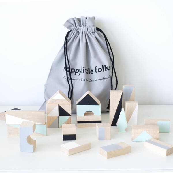 Wooden blocks in Mint & Monochrome colours packed in cotton bag - Building blocks - Gift kids - First Birthday gift - Christmas Baby gift