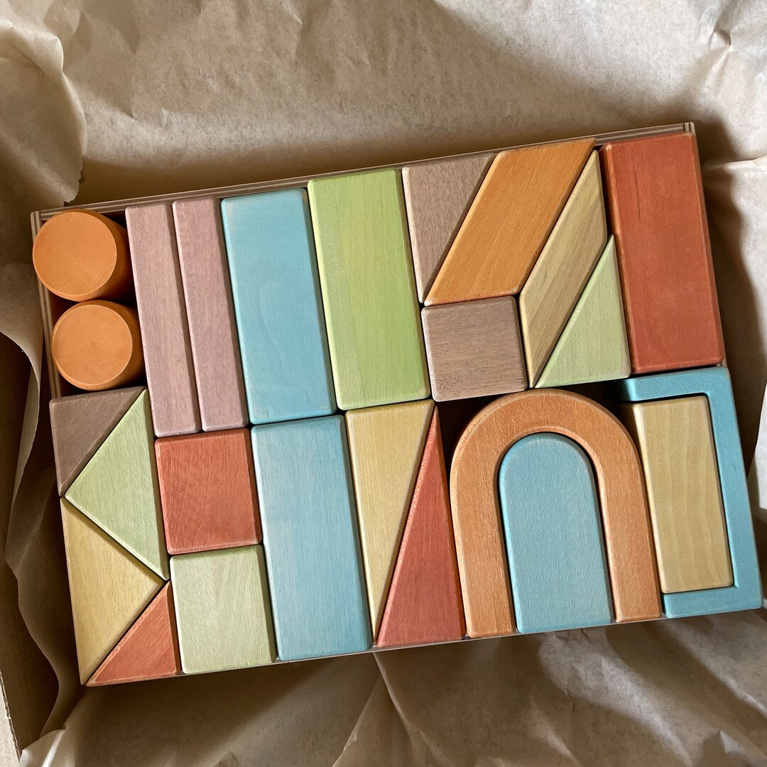 Handcrafted Wooden Blocks Set in Summer Tones Wooden Blocks Etsy