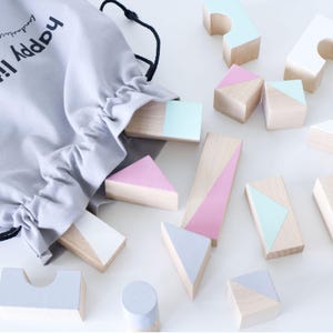 Wooden blocks Spring tones packed in cotton bag Wooden toys Building blocks Baby gift Christmas gift for kids image 1