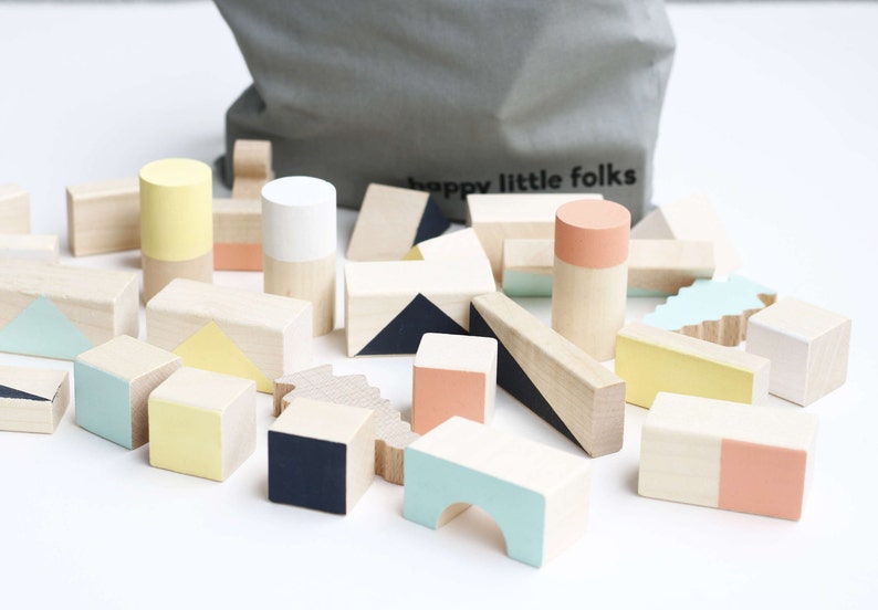 Wooden blocks in Mixed colours packed in cotton bag Wood toy Building blocks Toddler gift 1st Birthday gift Baby gift image 2