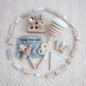 Wooden blocks set in Neutral tones packed in cotton bag Building blocks Wooden toys First birthday gift Gift for kids Baby gift image 3