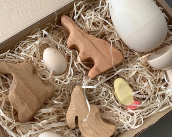 Ensemble de Pâques en bois - Jouets en bois - Lapin en bois - Poussin en bois - Oeufs en bois - Jouet Waldorf - Jouets inspirés de Pâques