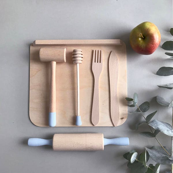 Wooden utensils play set for kids (custom colour choice) - Wooden toys - Kids gift idea -  Gift for kids - Play kitchen - Montessori play
