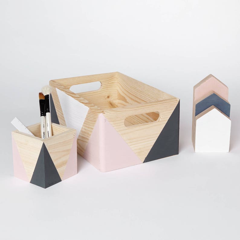 Geometric wooden box with handles Storage Box Toy box Office storage Organiser box Wooden crate Wooden storage box image 9