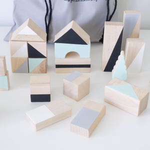 Wooden blocks in Mint & Monochrome colours packed in cotton bag Building blocks Gift kids First Birthday gift Christmas Baby gift image 2