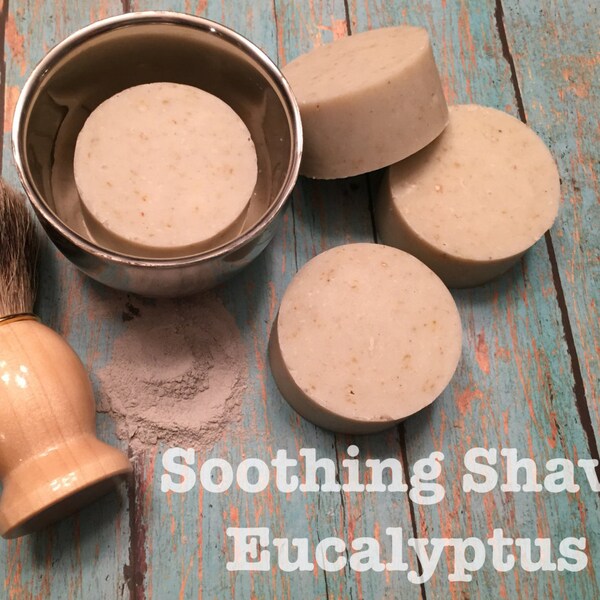 Eucalyptus & Tea Tree Oil Shaving Puck with Oatmeal. Men's Natural Organic Soothing Beard and Mustache Soap