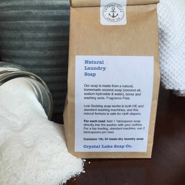 Natural Laundry Soap Powder from Homemade Coconut Soap Unscented 1 lb bag low Sudsing for HE machines, good for cloth diapers and napkins