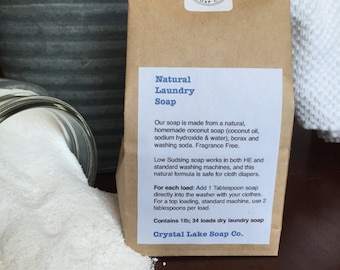 Natural Laundry Soap Powder from Homemade Coconut Soap Unscented 1 lb bag low Sudsing for HE machines, good for cloth diapers and napkins