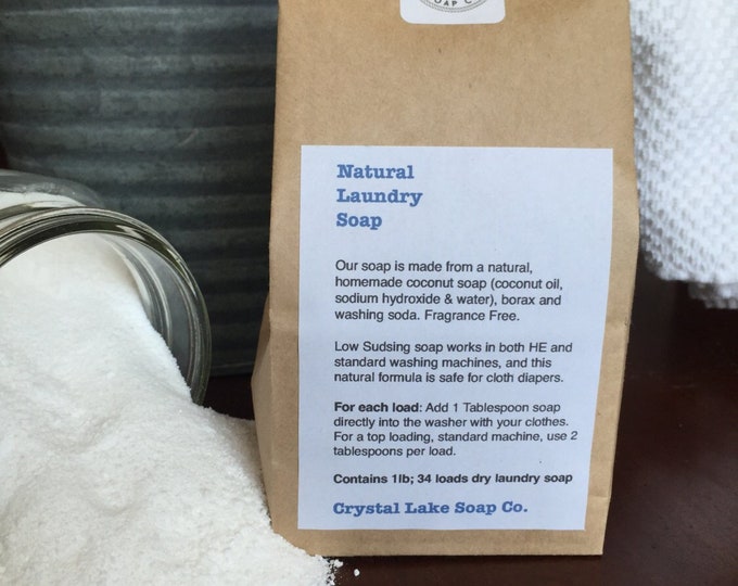 Natural Laundry Soap Powder from Homemade Coconut Soap Unscented 1 lb bag low Sudsing for HE machines, good for cloth diapers and napkins