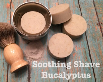 Eucalyptus & Tea Tree Oil Shaving Puck with Oatmeal. Men's Natural Organic Soothing Beard and Mustache Soap