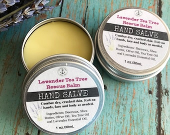 HAND SALVE Lavender Tea Tree Rescue Balm with Organic Beeswax, Shea Butter and Essential Oils.