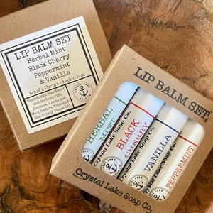 Lip Balm Gift Set Box of 4 Tubes Natural Flavors Moisturize all year round Vanilla, Black Cherry, Herbal Mint & Peppermint image 1