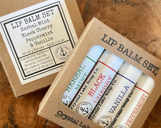 Lip Balm Gift Set -Box of 4 Tubes - Natural Flavors - Moisturize all year round! Vanilla, Black Cherry, Herbal Mint & Peppermint