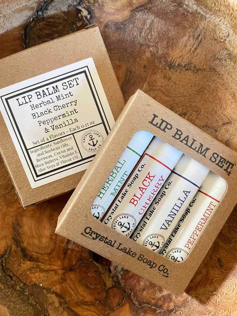 Lip Balm Gift Set Box of 4 Tubes Natural Flavors Moisturize all year round Vanilla, Black Cherry, Herbal Mint & Peppermint image 1