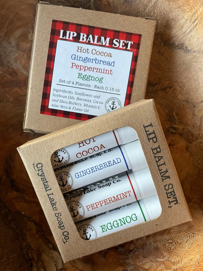 Lip Balm Gift Set Box of 4 Tubes Natural Flavors Moisturize all year round Vanilla, Black Cherry, Herbal Mint & Peppermint image 4