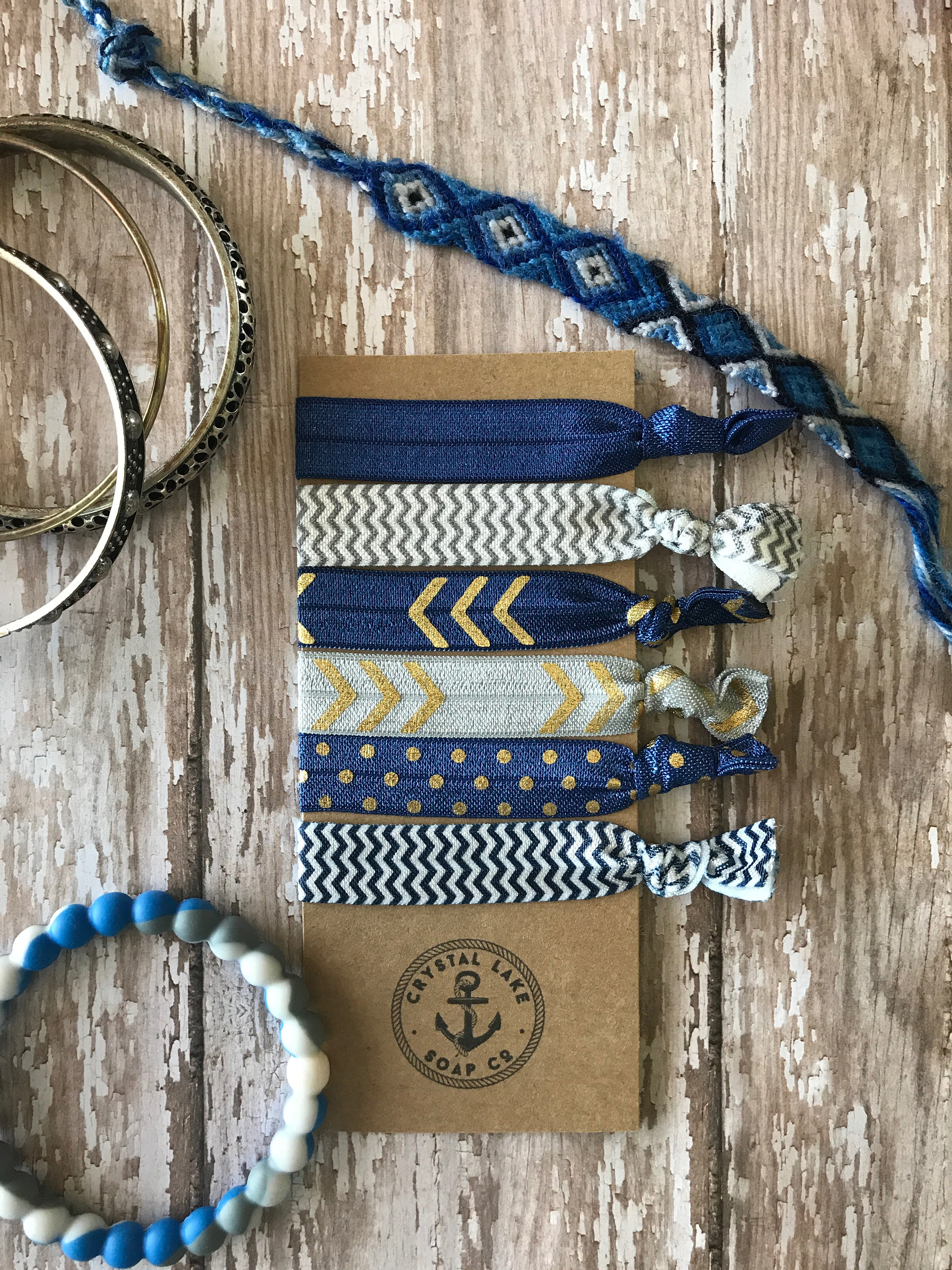 6 Trendy Soft Elastic Hair Ties No Crease Navy Blue Gold Chevron