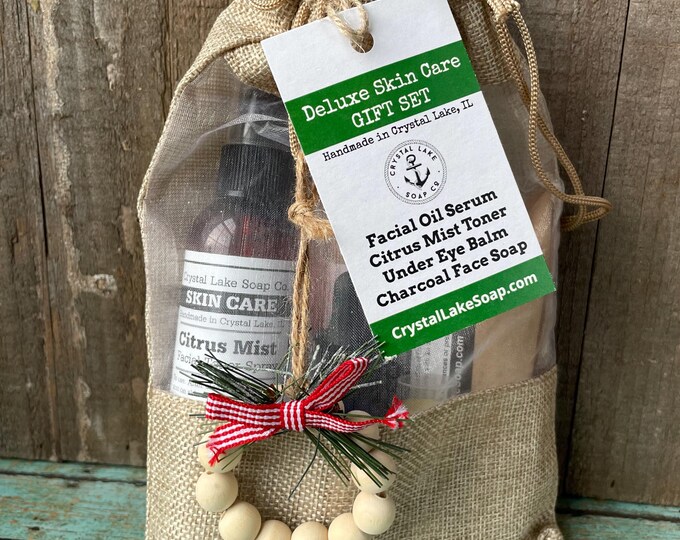 Deluxe Skin Care Gift Set - Facial Oil Serum, Citrus Mist Toner, Under Eye Balm & Charcoal Face Soap