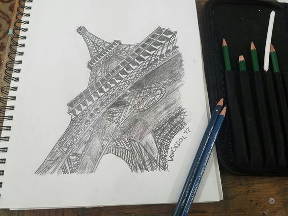 Eiffel Tower Original Highly Detailed Realism Graphite Pencil Etsy