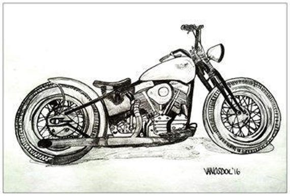 Vintage 1950 Harley Davidson Pan Head Motorcycle Jumbo Postcard Graphite Pencil Realism Sketch Drawing Art Print Scott D Van Osdol 55x85