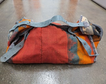SALE!! Handmade Vintage Aztec Southwestern Print Woven Duffle Bag w/ Leather Straps 1960s Era ~Rare Find!~
