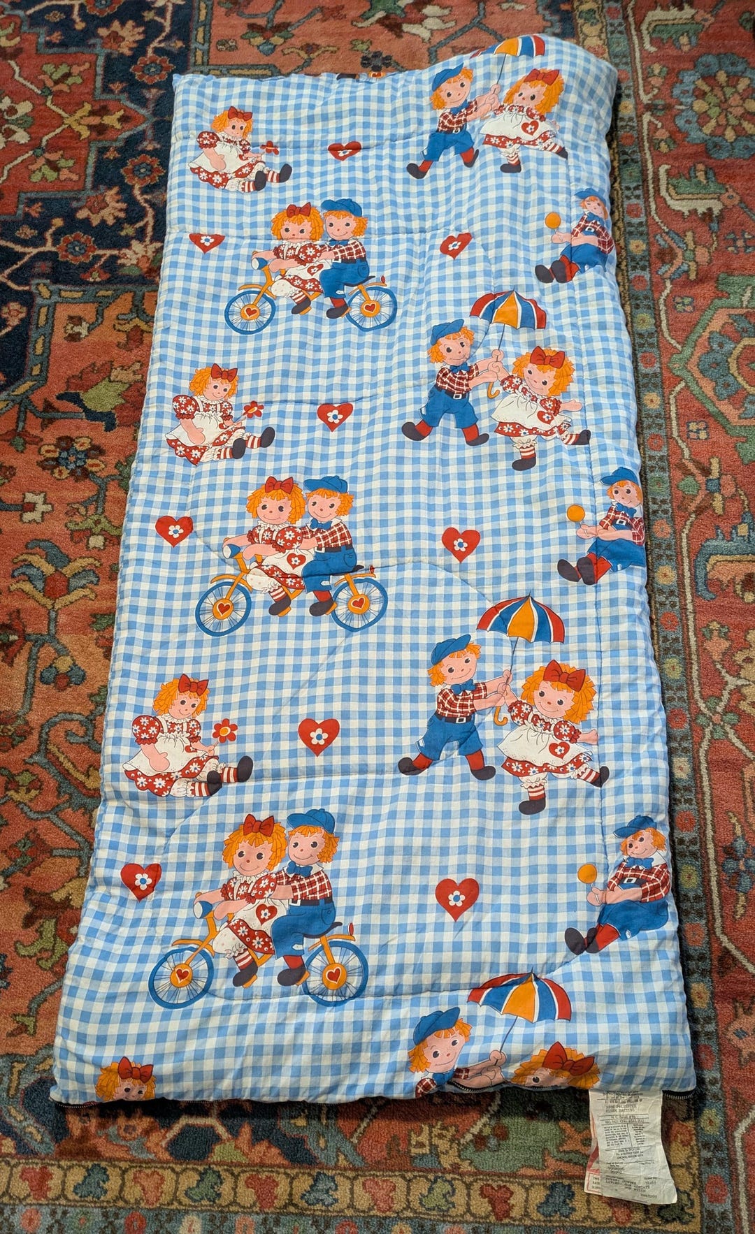 Raggedy Ann & Andy 1970s Vintage Blue Plaid Zip up Toddler Sleeping Bag