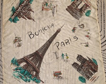 Paris Ville Lumière années 1950 vintage Francophile Sites Célèbres Imprimé Foulard Crêpe Acétate ~Bonjour!~