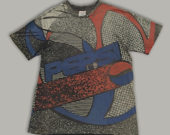 Maglietta punk vintage anni '80 con stampa completa della bevanda PEPSI, lavaggio acido grande