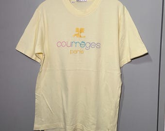 Vintage André Courrèges Logo Embroidered Yellow T-Shirt Size M 90s Designer Tee Minimalist Courreges Paris Top Made in France