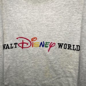 Pu&ograve; includere: Una maglietta grigia con il testo "WALT DISNEY WORLD" ricamato in colori arcobaleno.