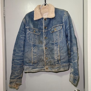 Vintage 70s Lee Storm Rider Denim Jacket Sherpa Lined USA Made Ranch Cowboy Workwear Size 42L Distressed Retro Classic