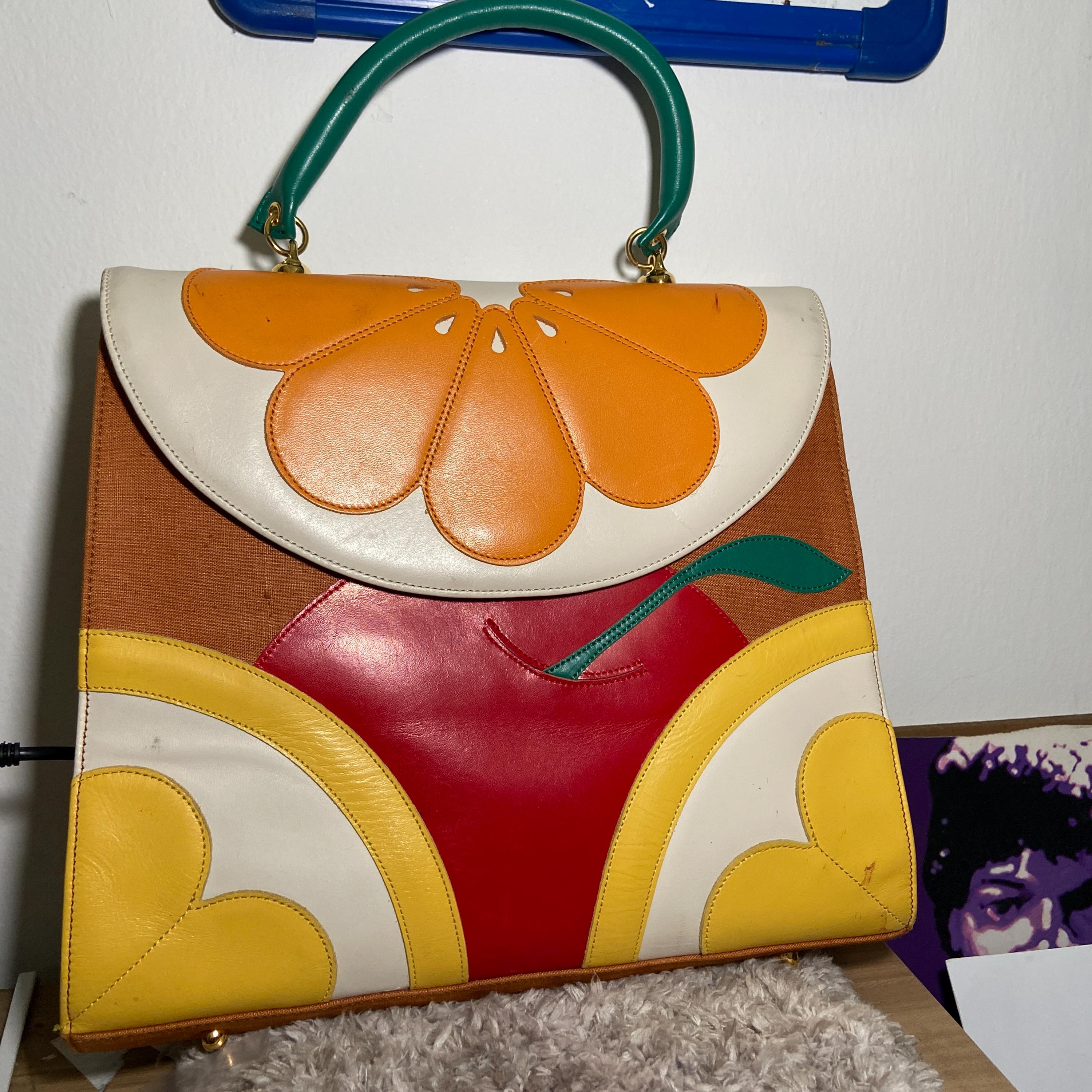 MOSCHINO　ヴィンテージ　ツイード　花柄　ハンドバック Moschino Leather Striped Flower Bag Red White