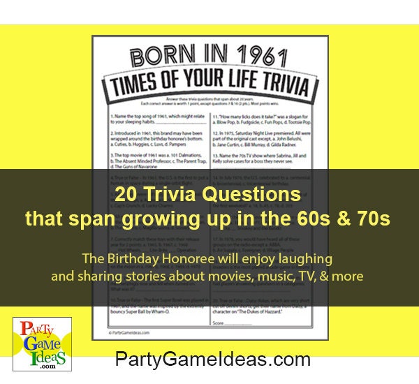 60th Birthday Party Trivia Games Printable Born In 1961 Etsy