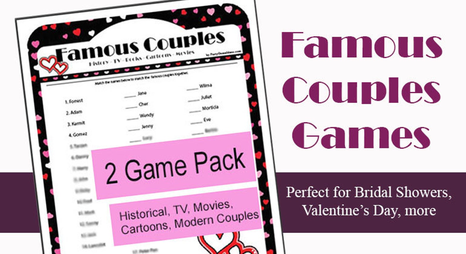 Printable Famous Couples Game Wedding & Bridal Shower Games Etsy
