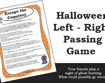 Könnte beinhalten: Ein Halloween-Spielblatt mit dem Titel "Escape the Cemetery" mit einer Geistergrafik. Der Text "Halloween Left - Right Passing Game" wird angezeigt. Das Thema des Spiels ist eine Nacht der Geisterjagd.