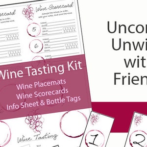 K&ouml;nnte beinhalten: Weinverkostungsset mit Platzsets, Scorekarten, Informationsblatt und Flaschenetiketten. Das Set enth&auml;lt eine Weinscorekarte mit Platz zum Bewerten von Geruch, Geschmack und Gesamtpunktzahl des Weins. Das Set enth&auml;lt auch ein Platzset mit einem Design aus Weinflecken.