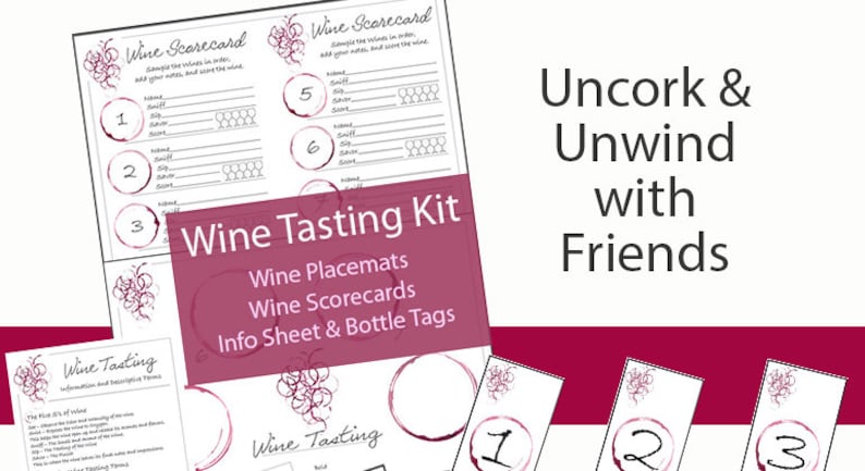 K&ouml;nnte beinhalten: Weinverkostungsset mit Platzsets, Scorekarten, Informationsblatt und Flaschenetiketten. Das Set enth&auml;lt eine Weinscorekarte mit Platz zum Bewerten von Geruch, Geschmack und Gesamtpunktzahl des Weins. Das Set enth&auml;lt auch ein Platzset mit einem Design aus Weinflecken.