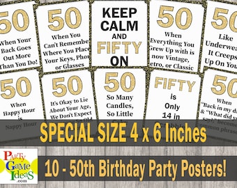 10 Pack of Funny Birthday Party 4 x 6 Decorations, 50th Happy Birthday Posters, Signs, 50th Birthday