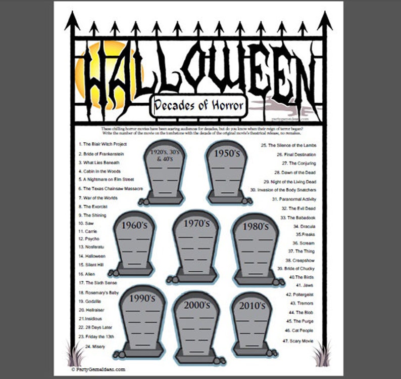 Halloween Movie Trivia Game Decades Of Horror Printable Etsy