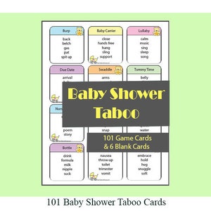 Op de afbeelding: Een set van 101 baby shower taboo-spelkaarten met 6 blanco kaarten. De kaarten zijn bedrukt met een verscheidenheid aan babygerelateerde woorden en zinnen, zoals "boeren", "inbakeren", "buiktijd" en "fles".