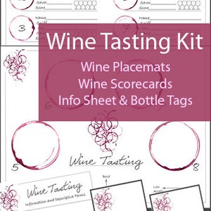 K&ouml;nnte beinhalten: Ein druckbares Weinprobierset mit Wein-Bewertungskarten, Platzsets und einem Informationsblatt. Das Set ist in einem rosa und wei&szlig;en Farbschema gehalten und zeigt Weinflecken und Trauben.